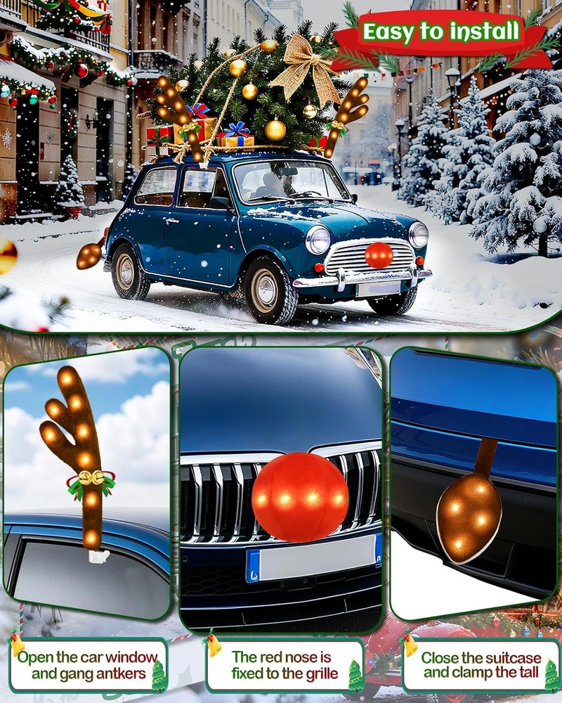 Dergo Christmas Reindeer Antlers Car Decoration Kit 2025, LED Lights Nose Vehicle with Jingle Bells Rudolph, Cute Costume Auto Holiday Accessories for SUV Van Truck Decor Warm White - Image 4